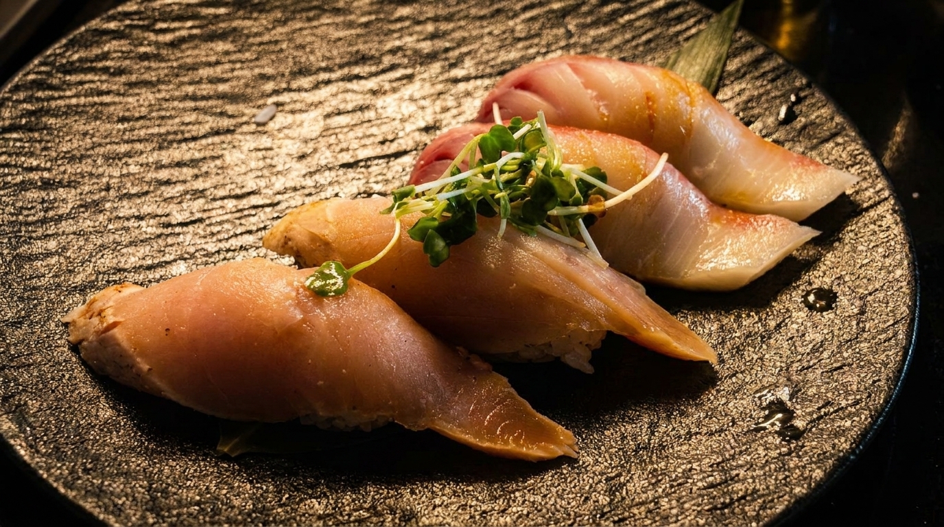 Four pieces of nigiri sushi with fish and microgreens on a textured dark plate.