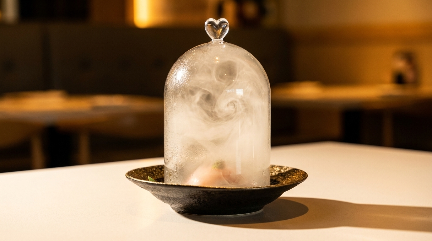 A smoked dish under a glass cloche with a heart-shaped handle, on a black and gold plate.