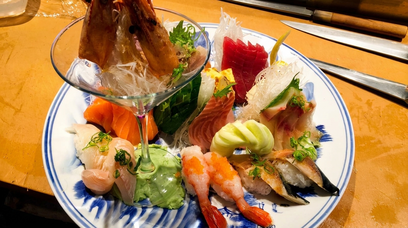 A large platter of assorted sushi and sashimi, including shrimp, tuna, and salmon, with wasabi.
