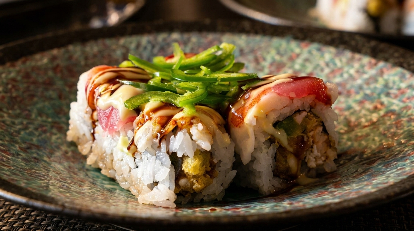 Two sushi rolls topped with tuna, shrimp, sauce, and sliced green peppers on a patterned plate.