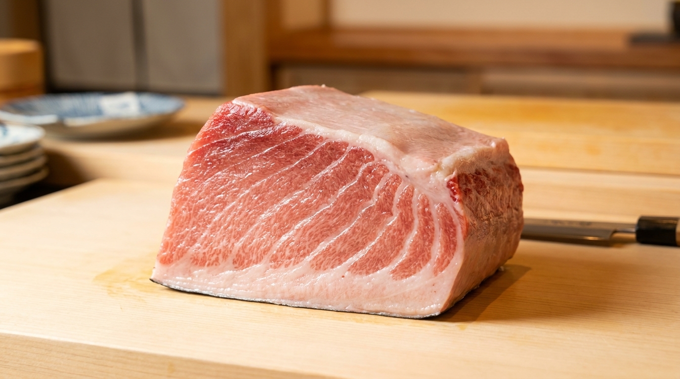 A large, fresh block of marbled tuna belly (otoro) on a light wooden cutting board.