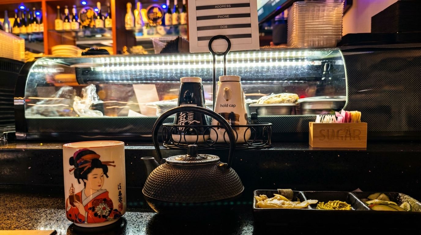 A Japanese restaurant counter with a sushi display, teapot, and a cup with a geisha design.