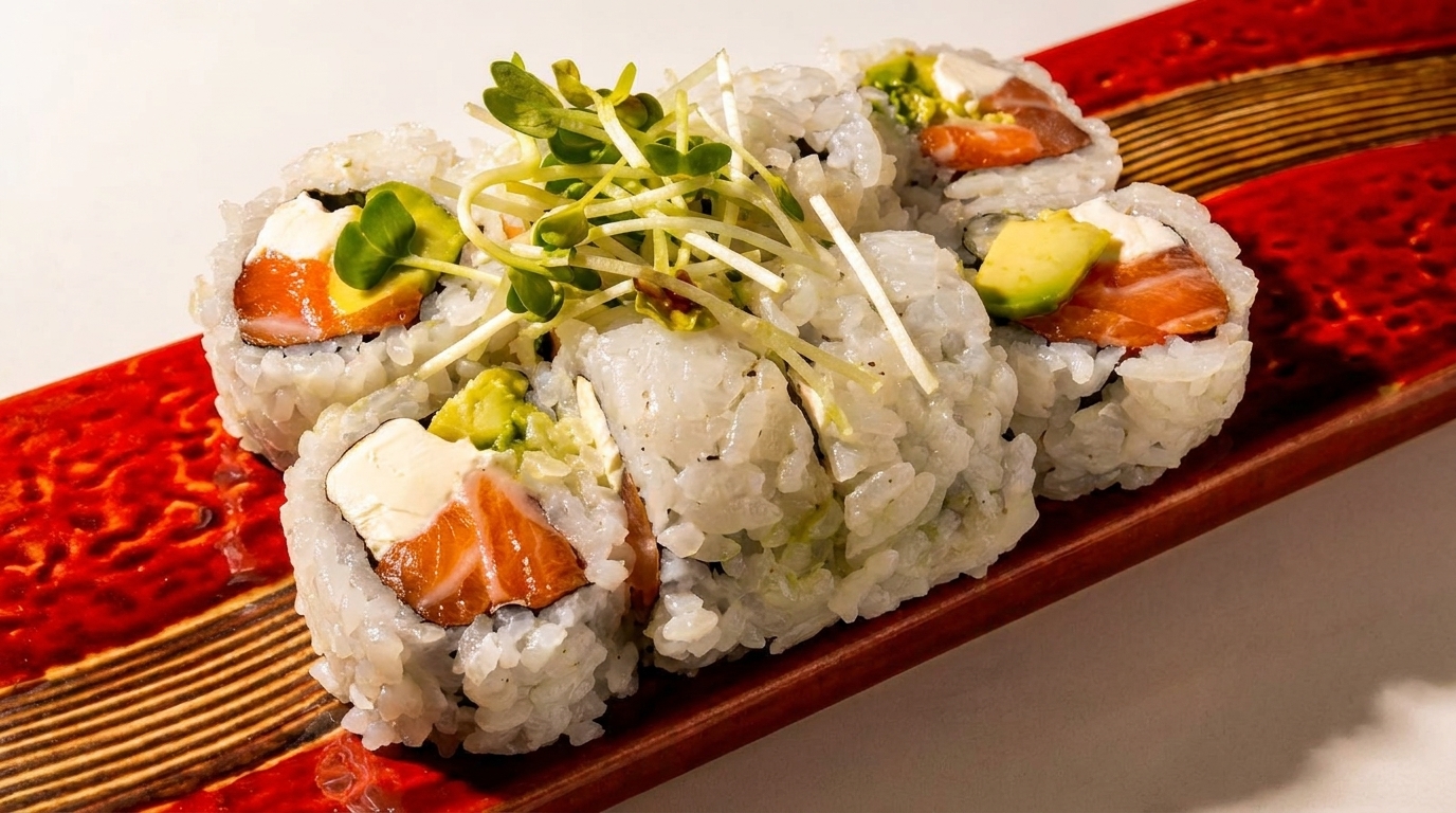 Sushi rolls with salmon, cream cheese, avocado, and sprouts on a red and brown wooden plate.