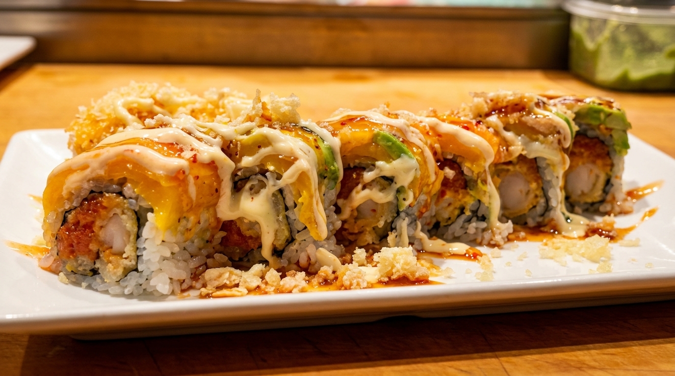 A plate of sushi rolls topped with mango, avocado, sauces, and crispy tempura flakes.