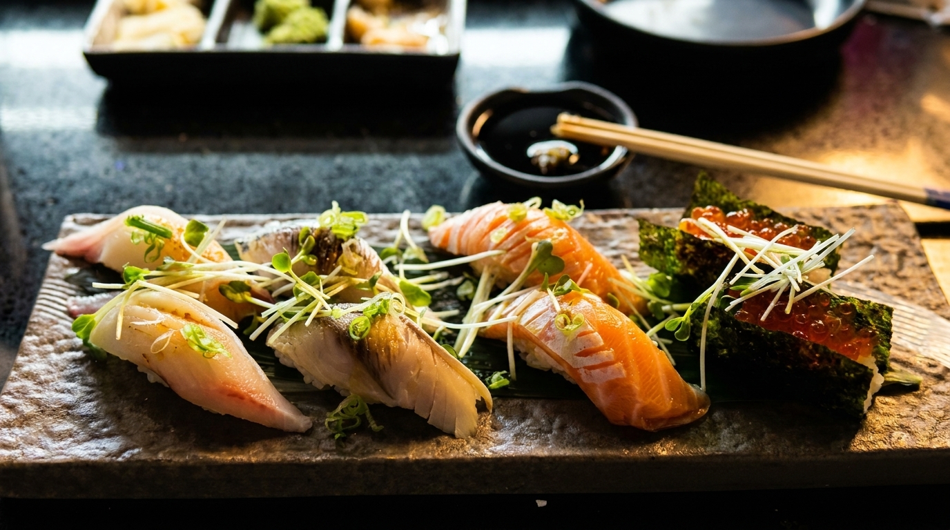 Assorted sushi and sashimi, including salmon and white fish, garnished with sprouts on a stone plate.