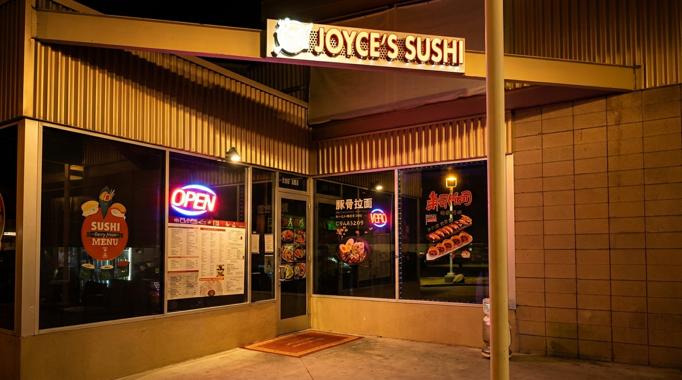 Exterior of Joyce's Sushi restaurant at night, with illuminated signs and window displays.