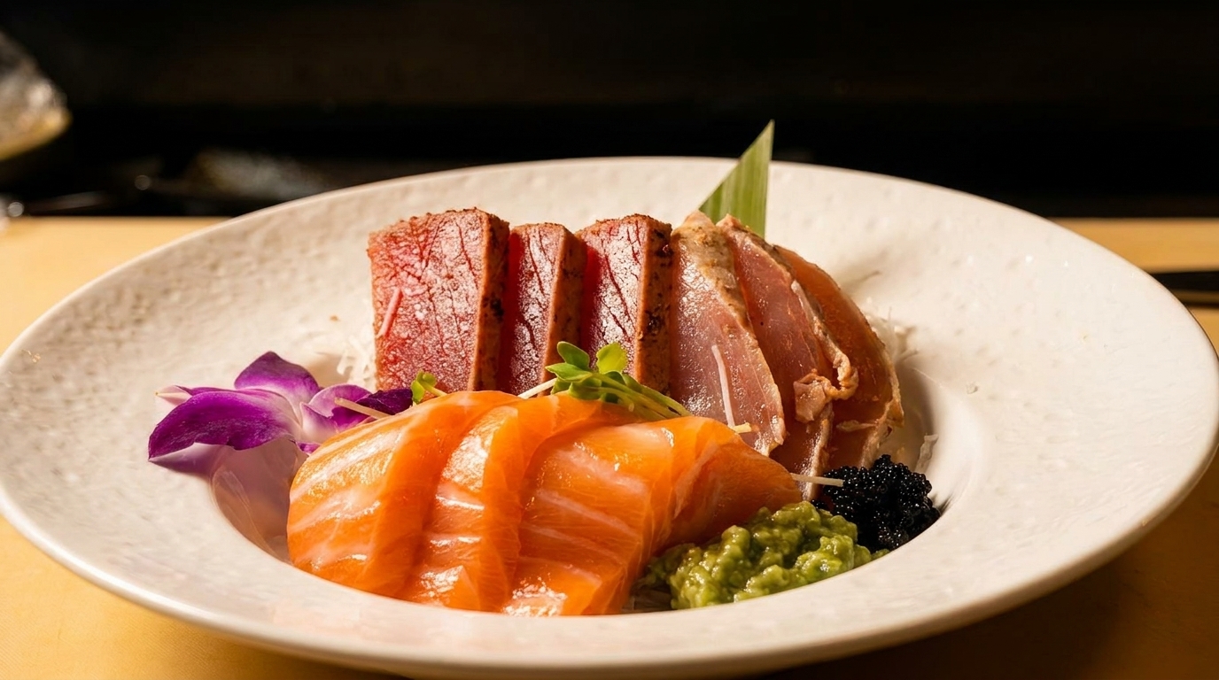A white plate with sliced tuna and salmon sashimi, garnished with wasabi, caviar, and an orchid.