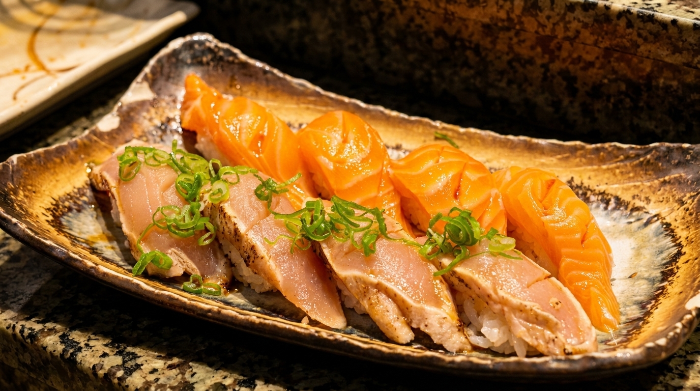 A plate of salmon and seared tuna nigiri sushi, garnished with sliced green onions.