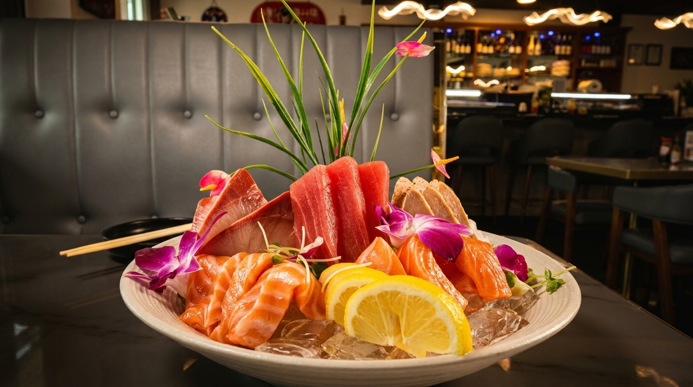 A large sashimi platter with tuna, salmon, and yellowtail, garnished with orchids and lemon slices.