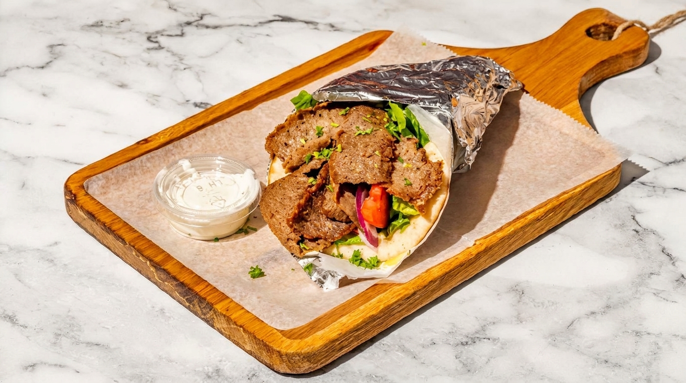Gyro sandwich with meat, lettuce, tomato, and onion, served with a side of sauce on a wooden board.