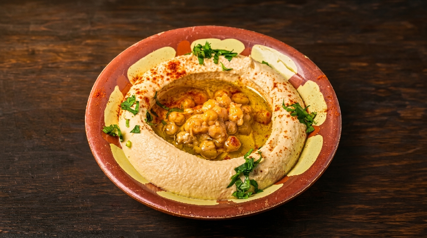 Creamy hummus topped with whole chickpeas, olive oil, paprika, and fresh parsley in a rustic bowl.