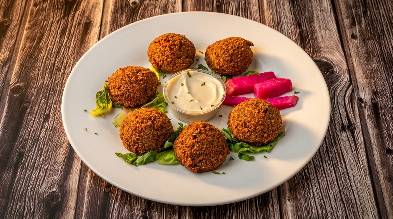 Six falafel balls on lettuce with a side of tahini sauce and pink pickled turnips.