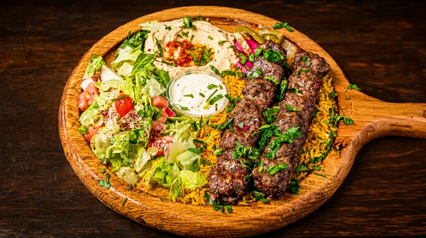 Grilled meat skewers with rice, salad, hummus, and dipping sauce on a wooden platter.