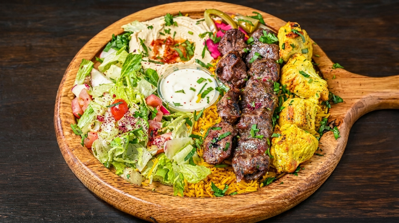 A wooden platter with hummus, salad, rice, beef kebabs, and chicken skewers.