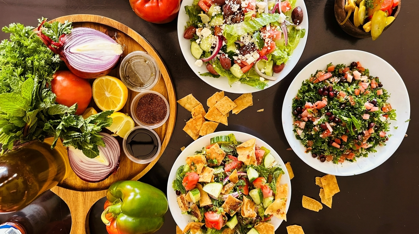 Overhead view of three fresh salads, herbs, vegetables, and spices on a dark table.