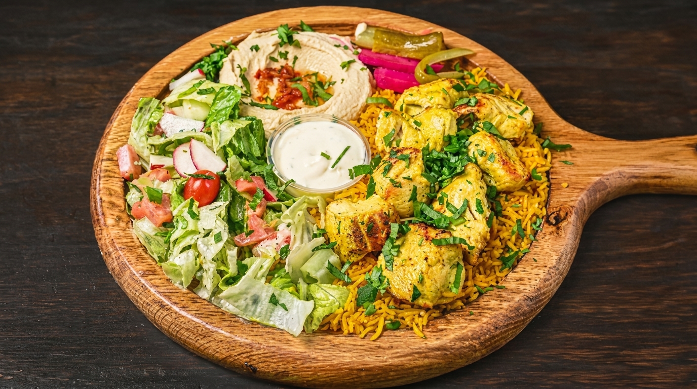 Chicken shish tawook platter with rice, hummus, salad, and pickles on a wooden board.