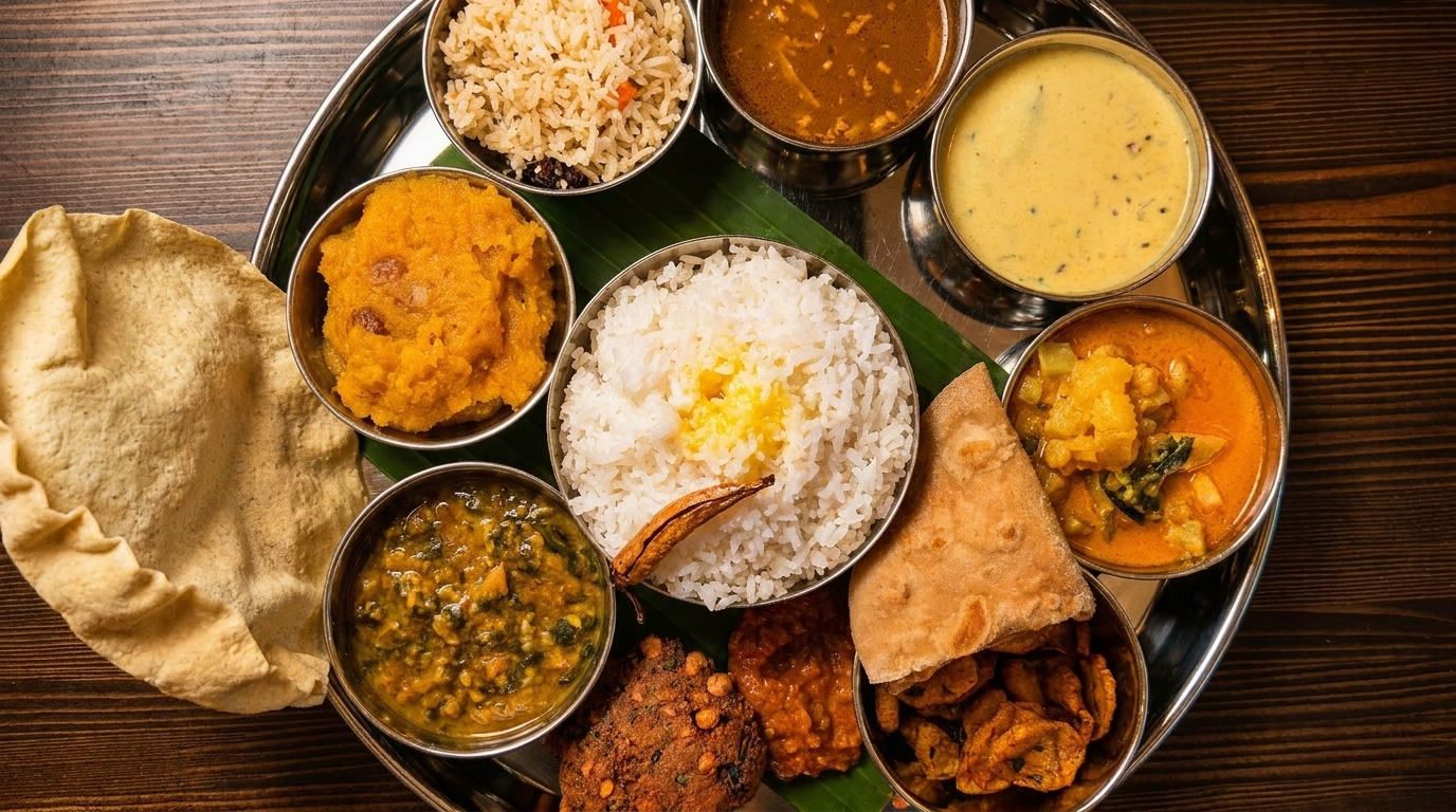 A South Indian thali meal with rice, curries, flatbread, and desserts on a banana leaf.