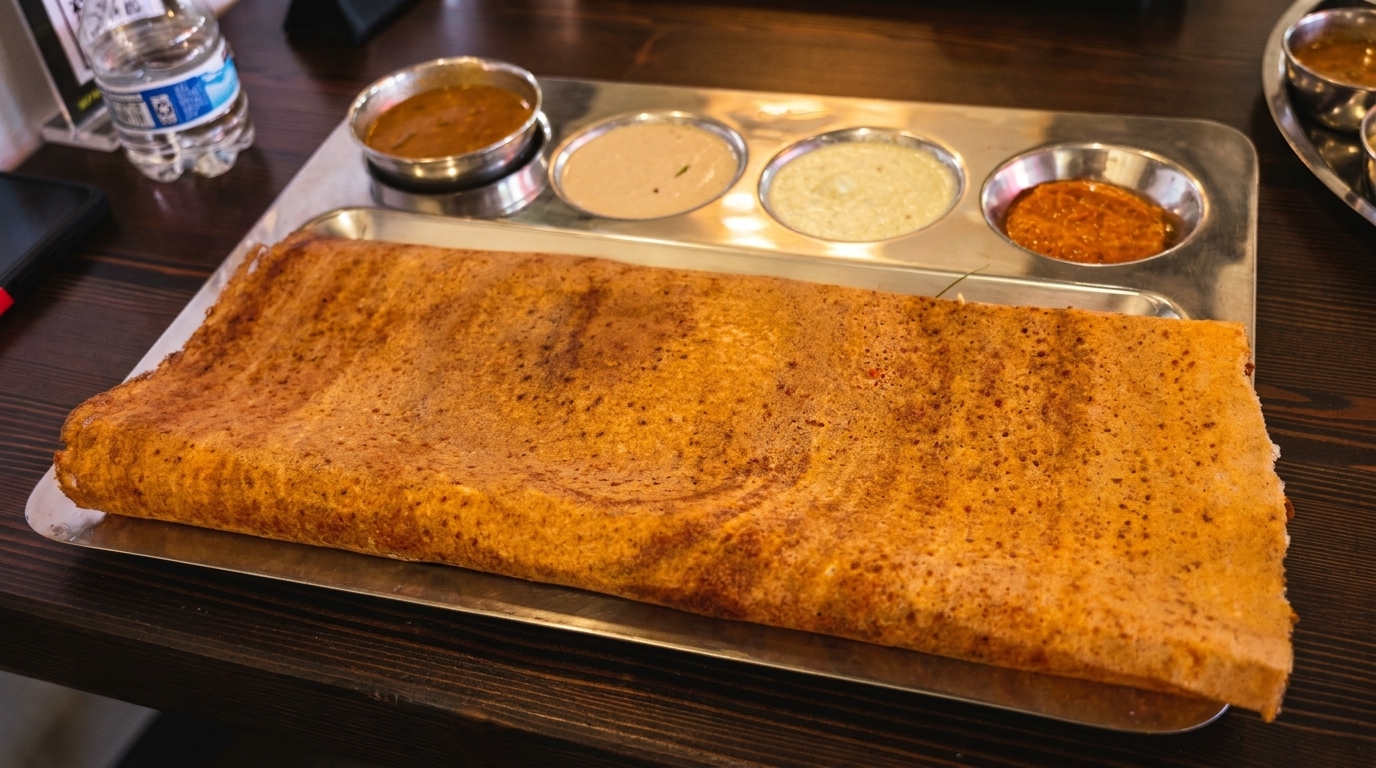 A large, golden-brown dosa served on a metal tray with four small bowls of various chutneys.