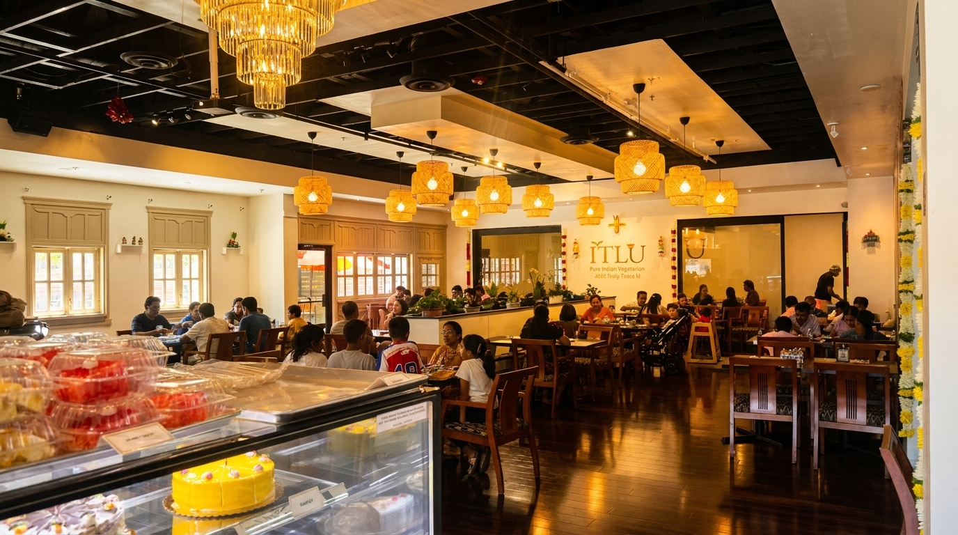 A bustling Indian restaurant interior with diners, a dessert display, and warm lighting from chandeliers and woven lamps.