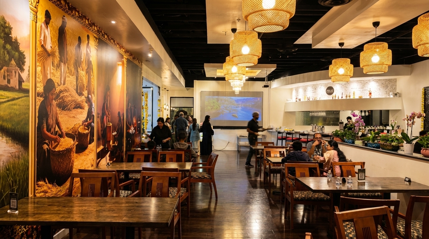 A vibrant restaurant interior with large murals, bamboo light fixtures, and patrons dining.
