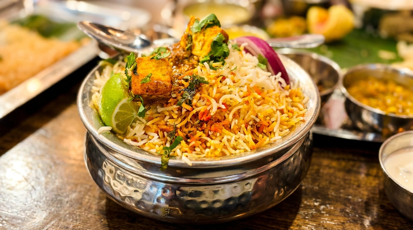 Paneer biryani with lime, red onion, and cilantro in a silver bowl, hammered bowl.