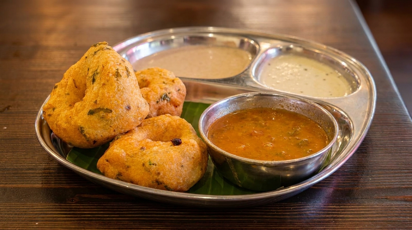 A metal thali plate with golden-fried vada, sambar, and two chutneys on a wooden table.