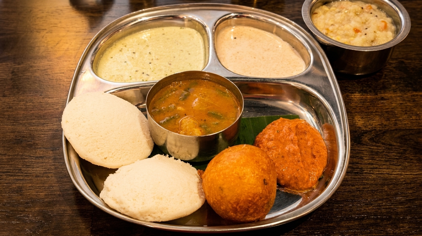 A South Indian thali with idli, vada, sambar, chutneys, and a side of upma.
