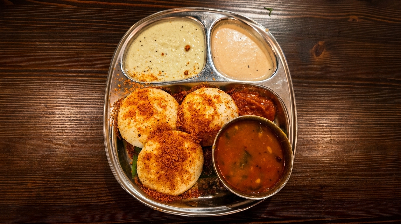 A metal thali plate with three idlis, two chutneys, and sambar on a wooden table.