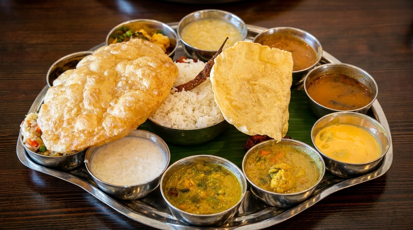 A South Indian thali meal with various curries, rice, poori, and papadum on a banana leaf.