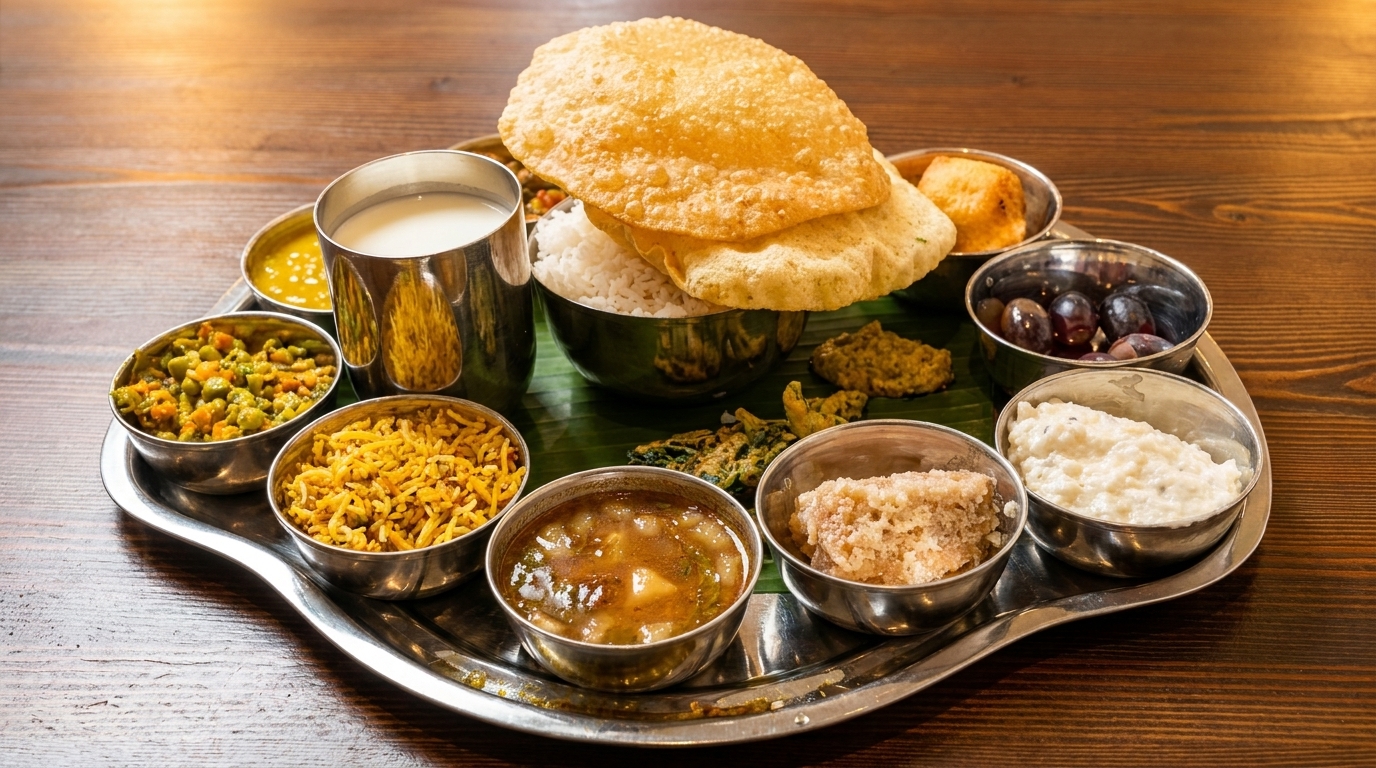 A traditional Indian thali meal with various dishes, including rice, puri, curries, and desserts, on a silver platter.