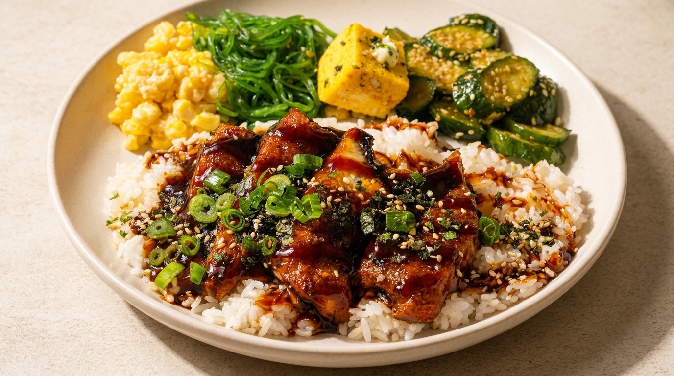 Unagi donburi with rice, glazed eel, scrambled eggs, seaweed salad, and cucumber salad.