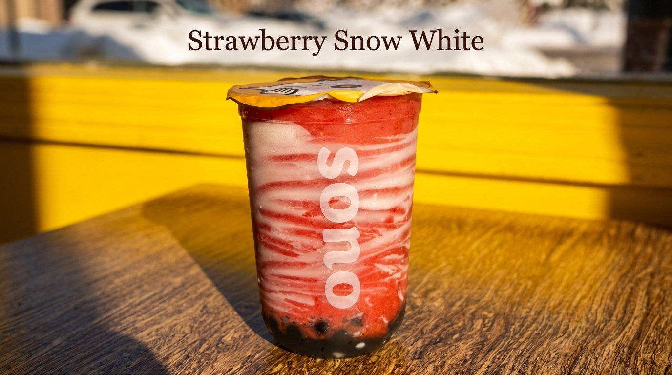 Strawberry Snow White drink with tapioca pearls on a wooden table with a yellow background.