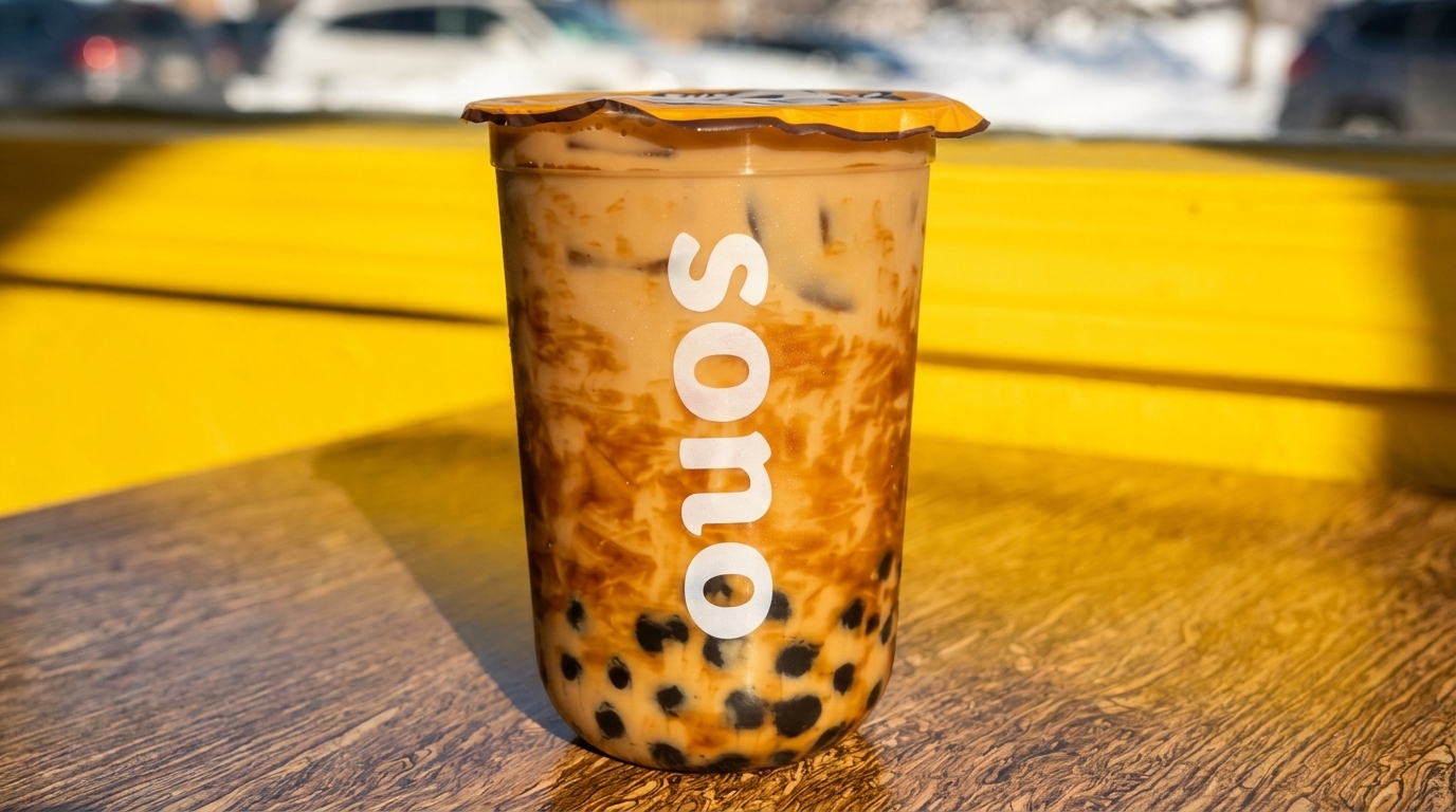 Sono bubble tea with tapioca pearls and brown sugar syrup on a wooden table.