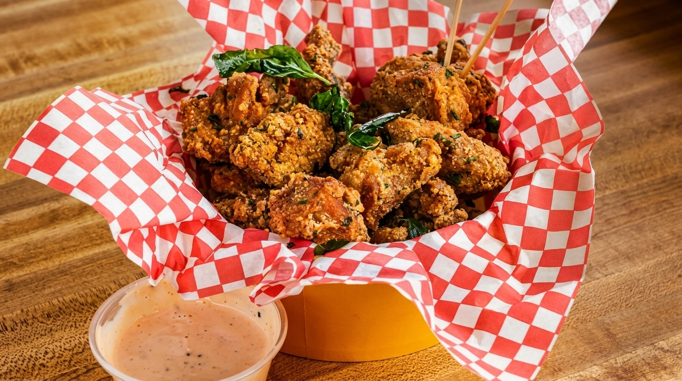 Crispy fried chicken pieces in a red and white checkered paper-lined basket with a side of sauce.