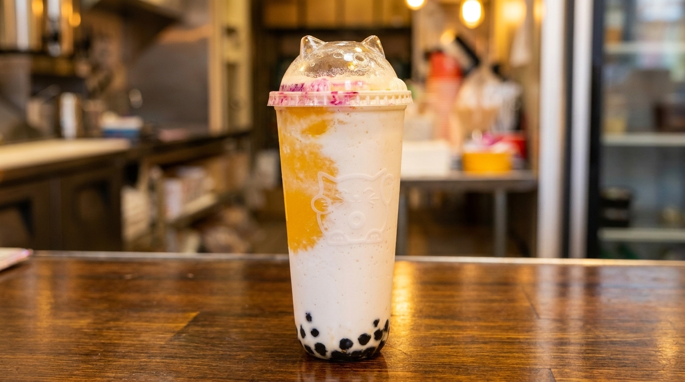 A Hello Kitty branded bubble tea with mango and milk, topped with a cat-eared lid.