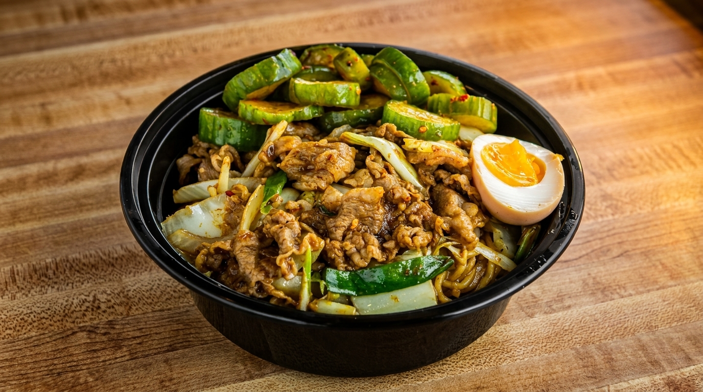 A black bowl of beef and noodle stir-fry with cucumbers and a soft-boiled egg.