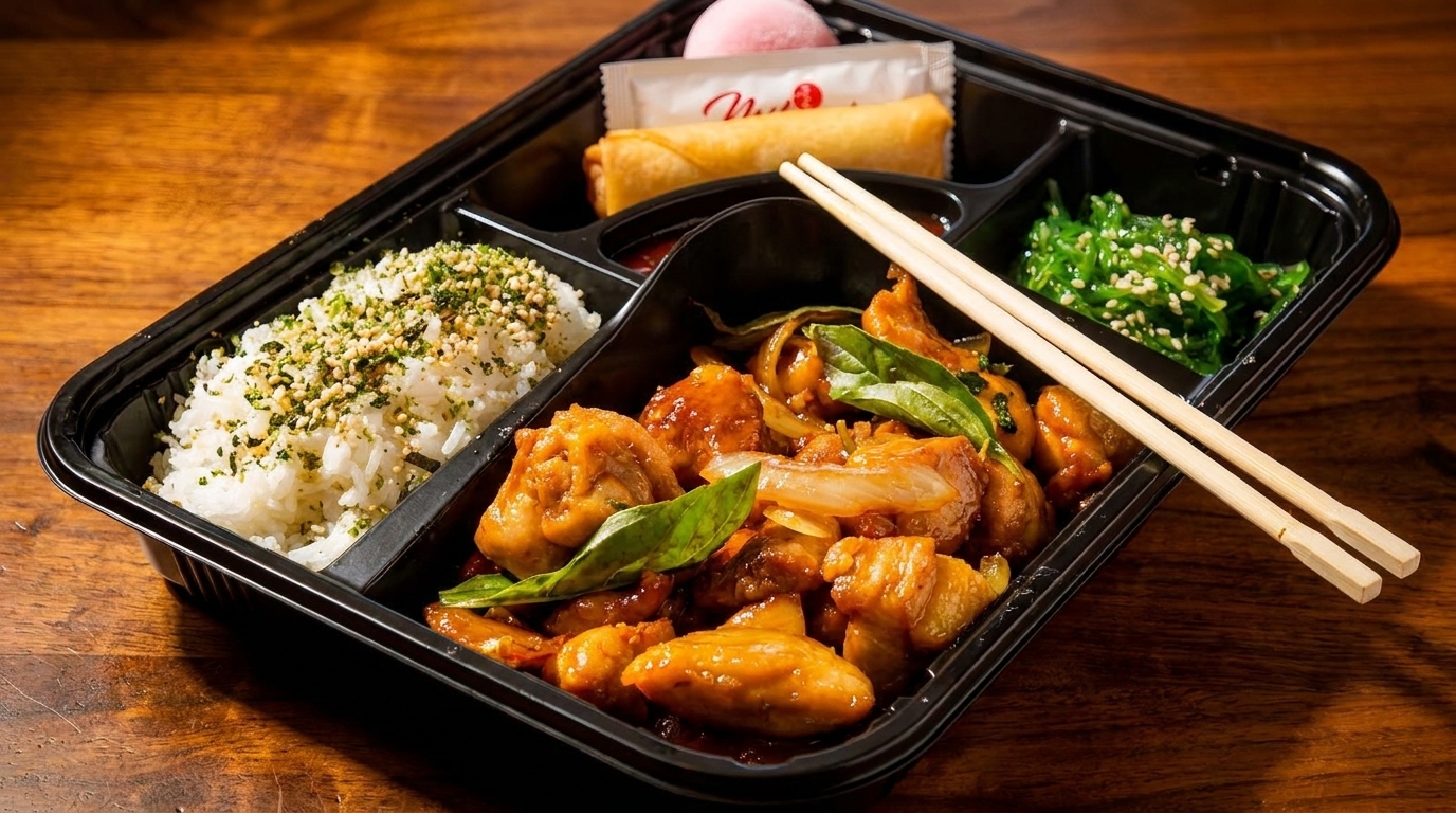A black bento box with teriyaki chicken, rice, seaweed salad, an egg roll, and mochi.