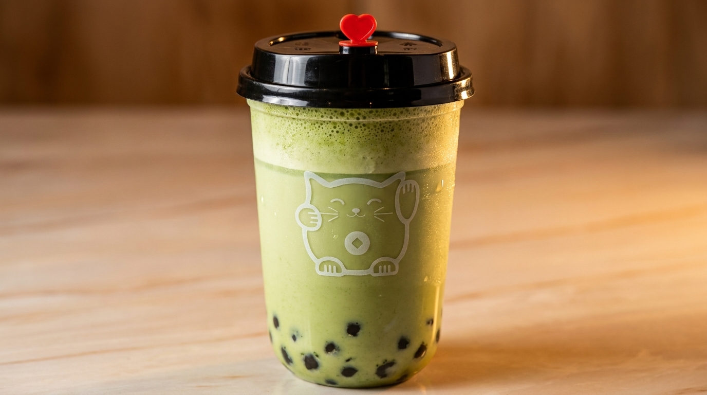 Green matcha bubble tea with tapioca pearls in a clear cup with a cat design.