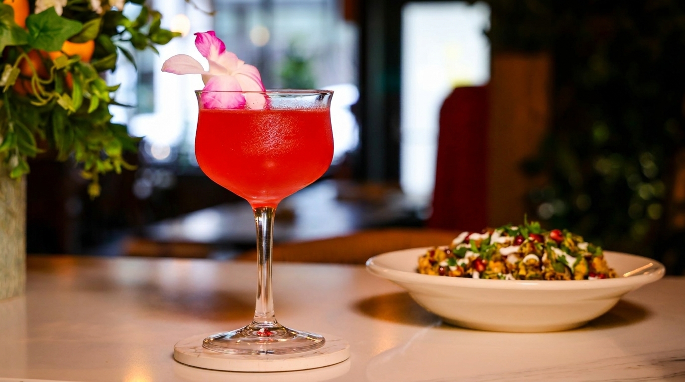 Red cocktail with a pink orchid garnish next to a bowl of salad with pomegranate seeds.