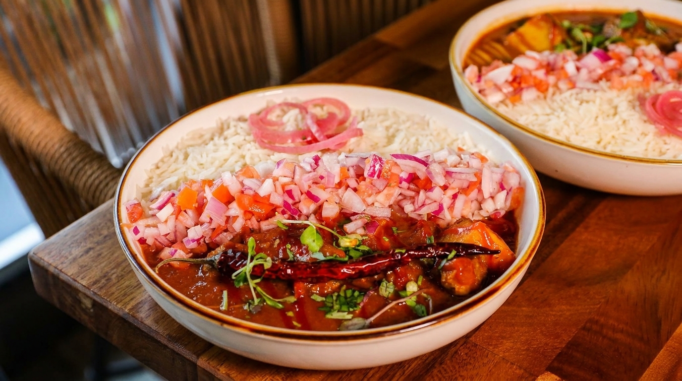 Two bowls of curry with rice, topped with diced tomatoes, red onions, and chili peppers.