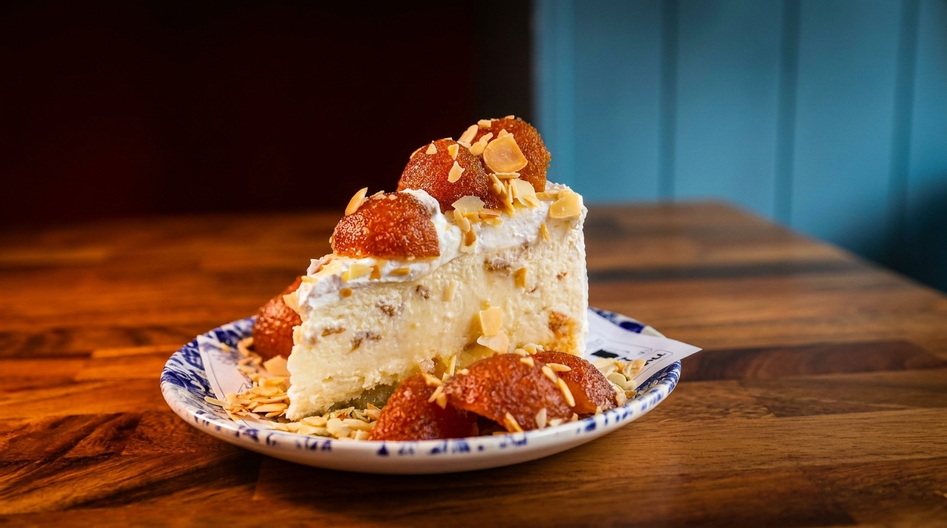 A slice of cheesecake topped with gulab jamun and almond slivers on a patterned plate.