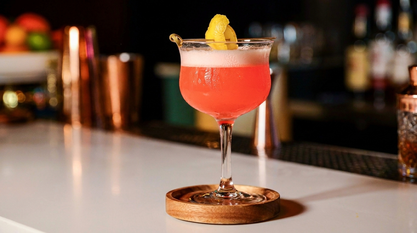 A vibrant pink cocktail with a foamy top and lemon peel garnish sits on a bar.