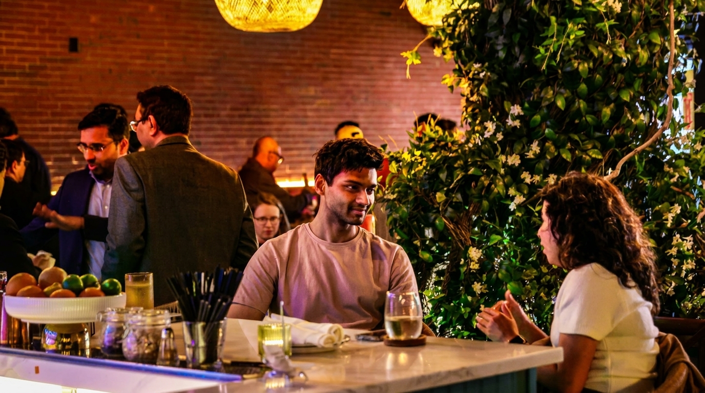 Patrons socialize at a lively bar with a brick wall, lush greenery, and warm lighting.