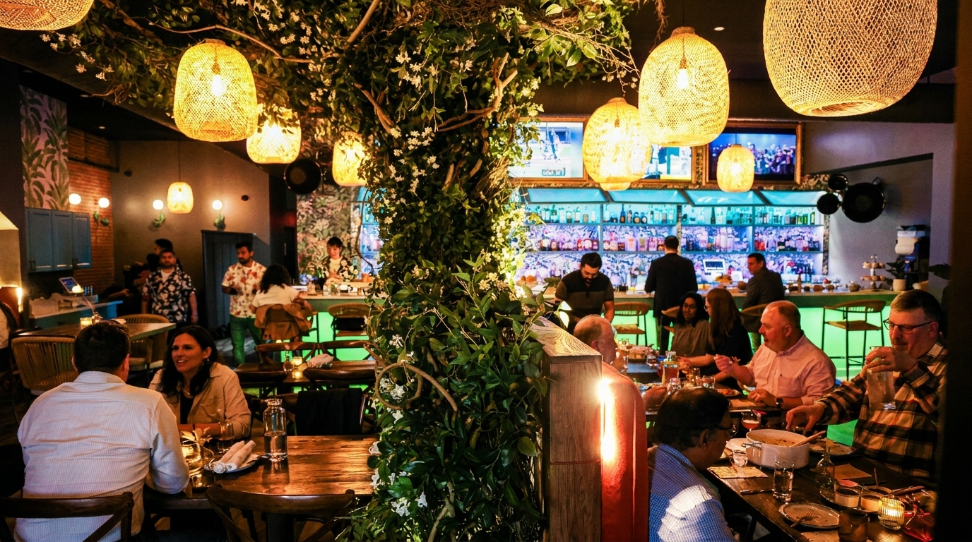 Restaurant interior with patrons dining at tables and a bar, featuring lush greenery and woven pendant lights.