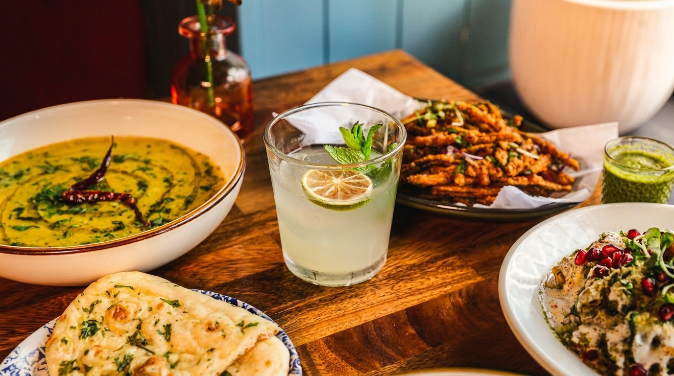 A table laden with Indian dishes: dal, naan, fried okra, a green chutney, and a lime drink.
