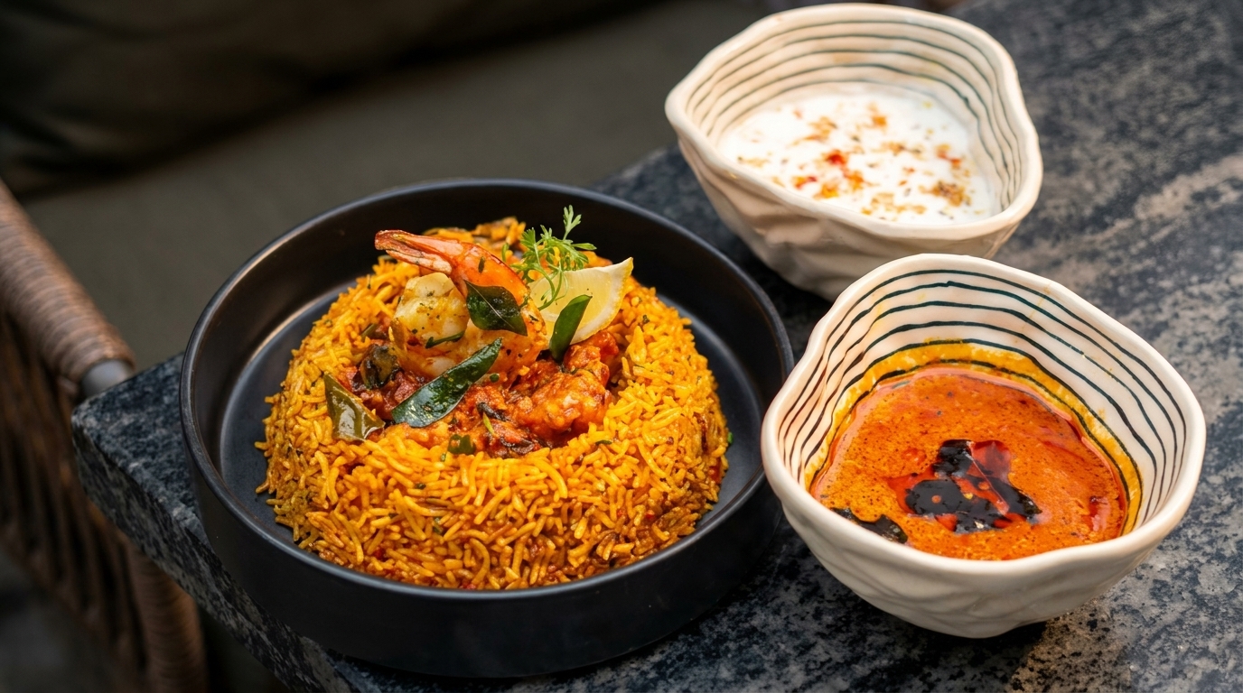 Shrimp biryani with lemon, herbs, and two side sauces on a dark stone table.