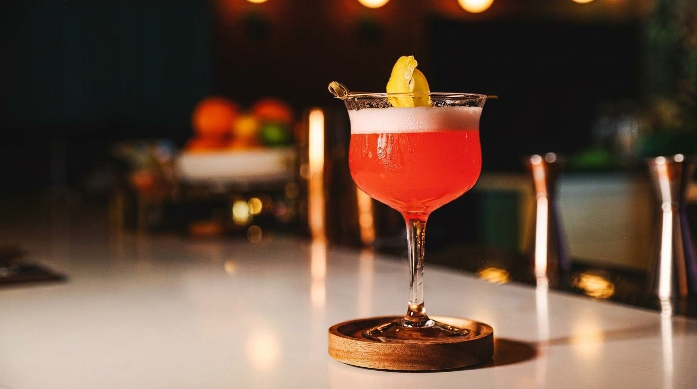 A vibrant red cocktail with white foam and a lemon peel garnish sits on a bar.