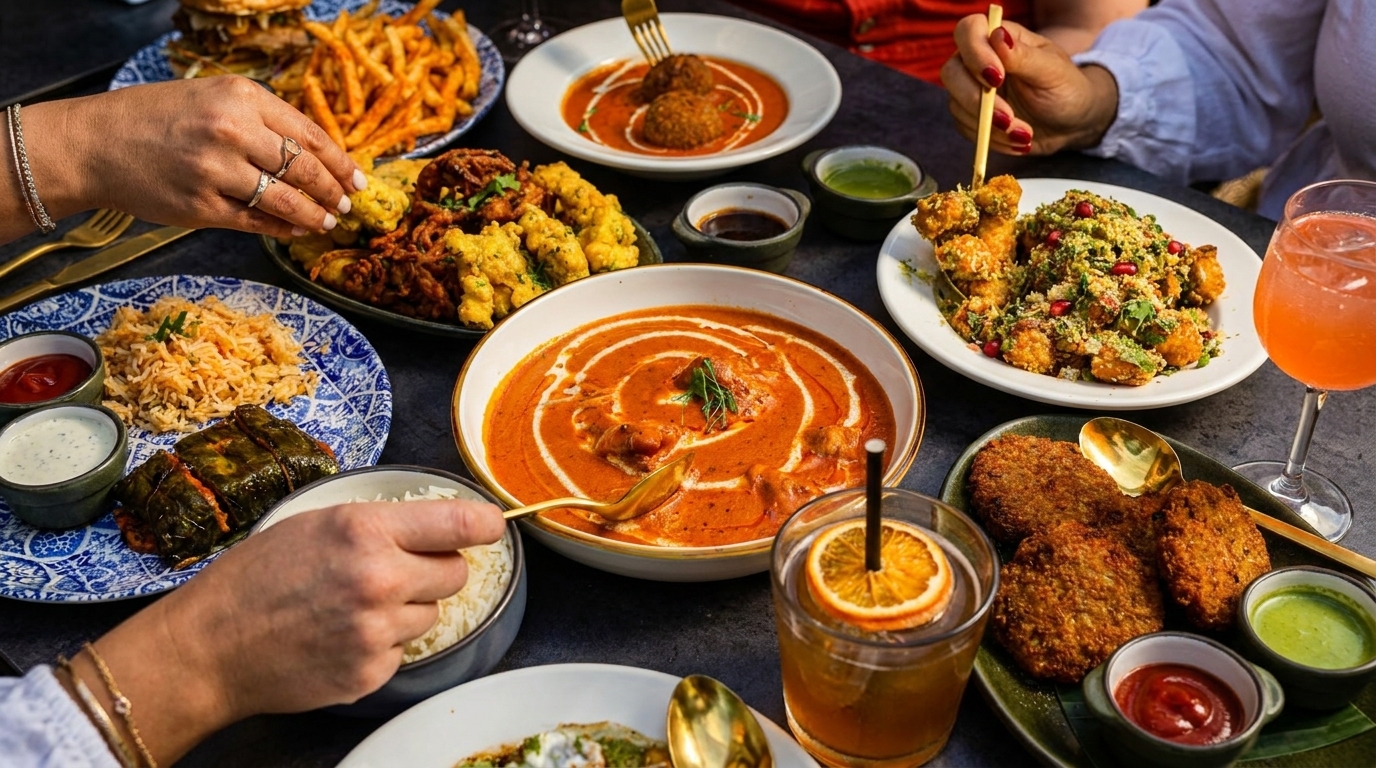 A table laden with various Indian dishes, including curries, rice, fried appetizers, and drinks.