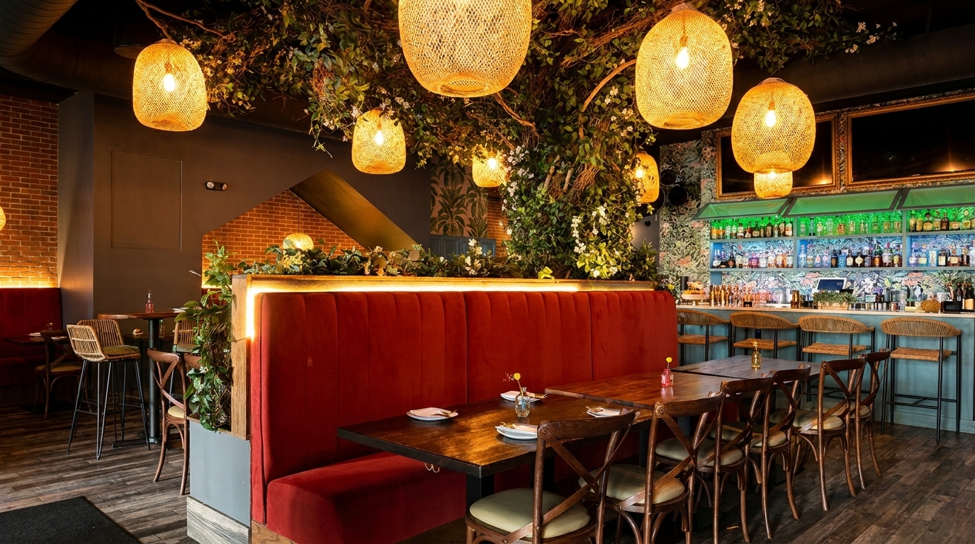 A restaurant interior with red velvet booths, wooden tables, a bar, and hanging woven light fixtures.
