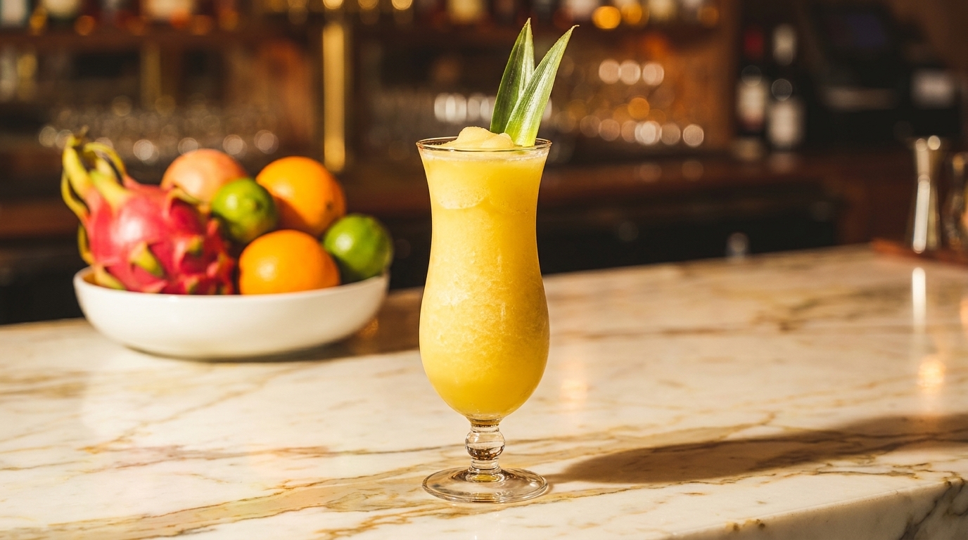A yellow frozen drink with pineapple leaves on a marble bar next to a bowl of fruit.